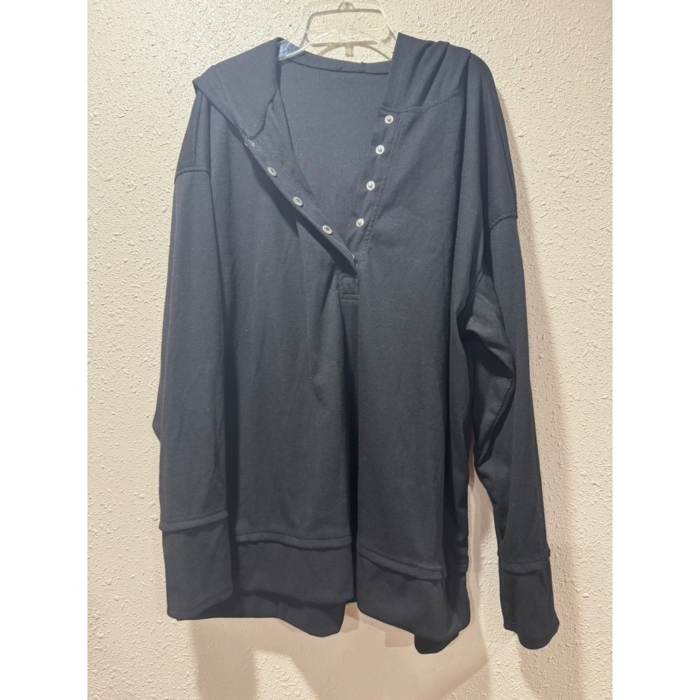 Womens Black Ribbed Knit Henley Hoodie Long Sleeve Snap Button Top Large